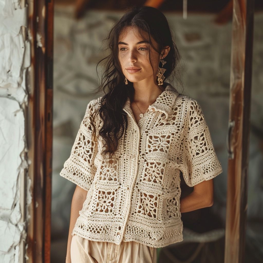 Granny Square Beige Shirt - Smyrna Collective
