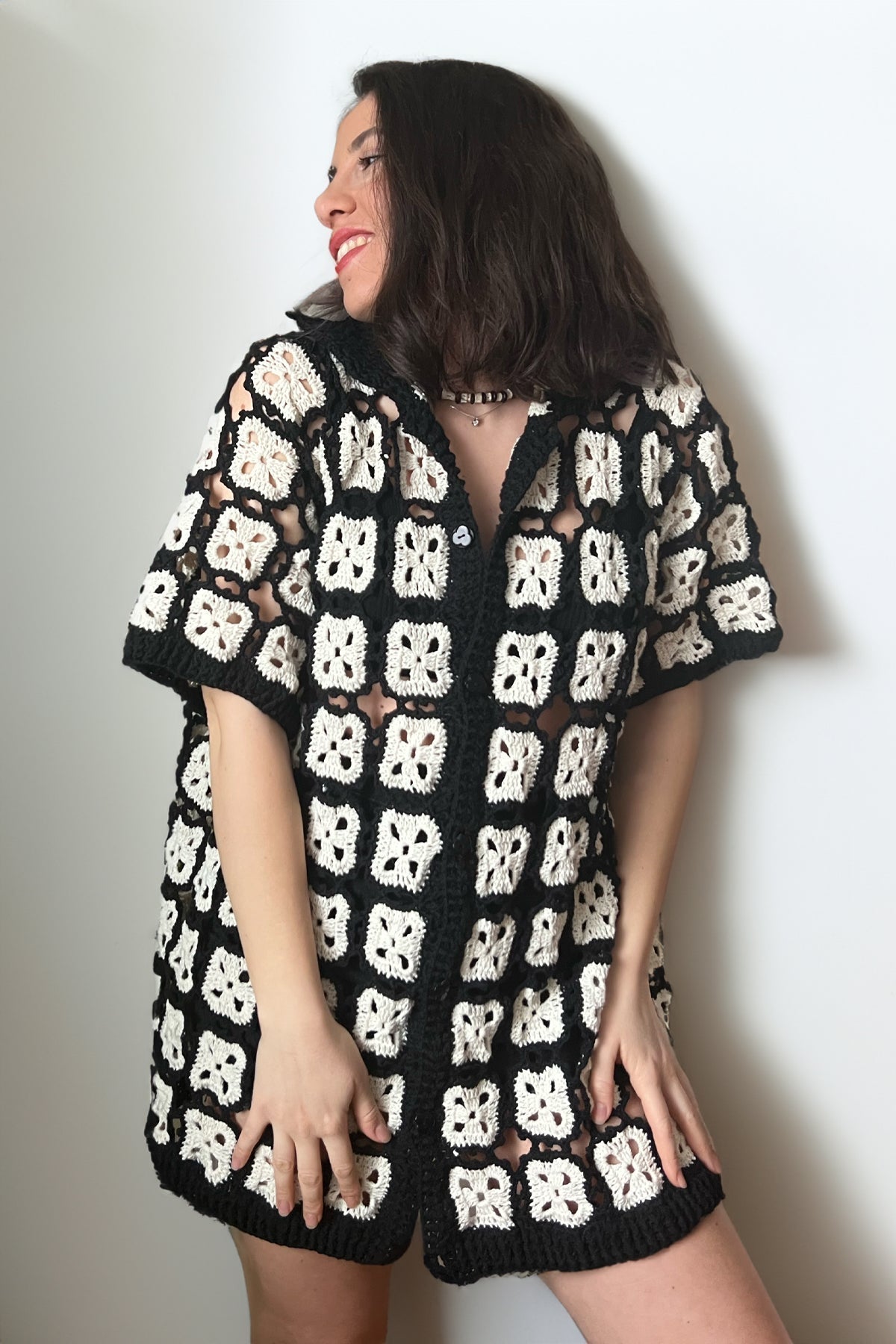 Black White Crochet Shirt - Smyrna Collective