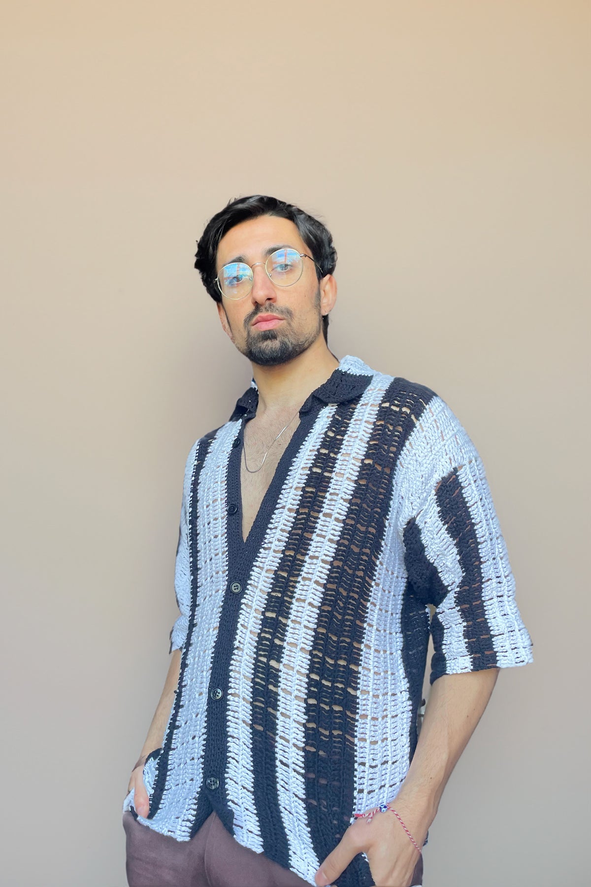 Short Sleeve Black and White Striped Crochet Shirt - Smyrna Collective