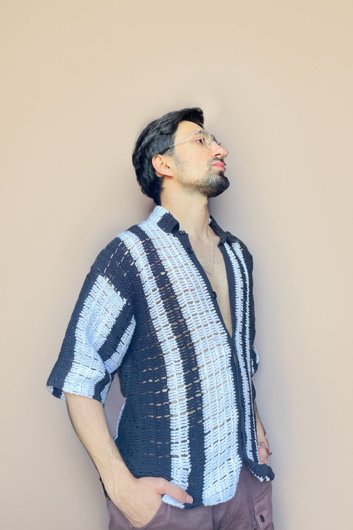 Short Sleeve Black and White Striped Crochet Shirt - Smyrna Collective