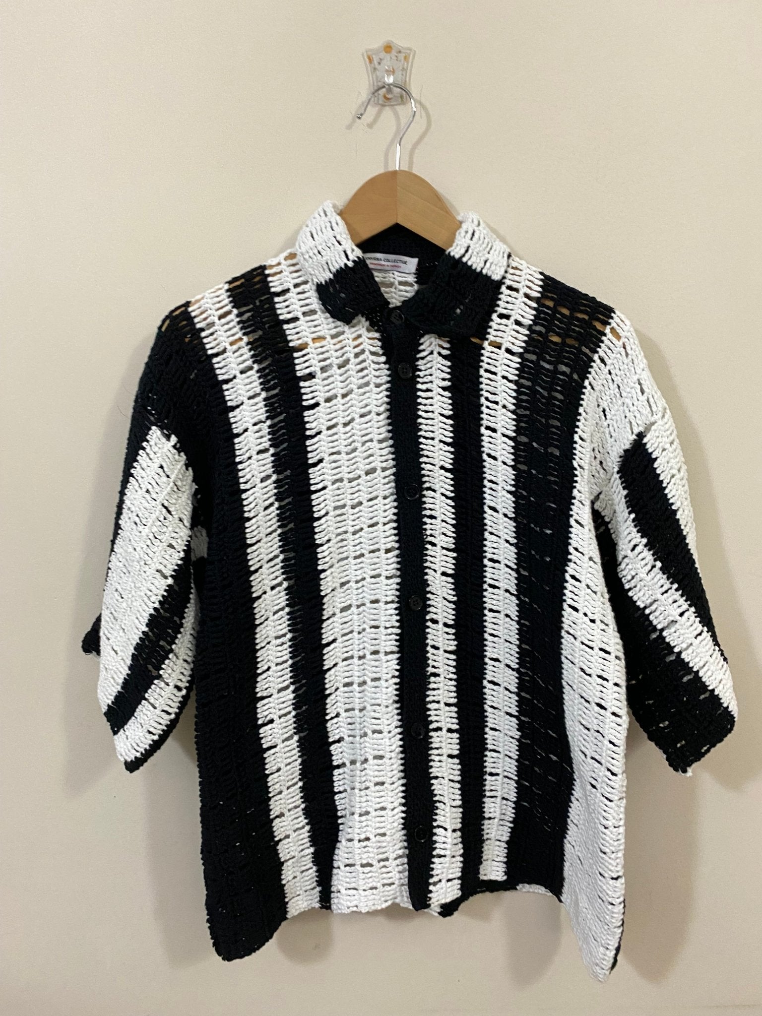 Short Sleeve Black and White Striped Crochet Shirt - Smyrna Collective