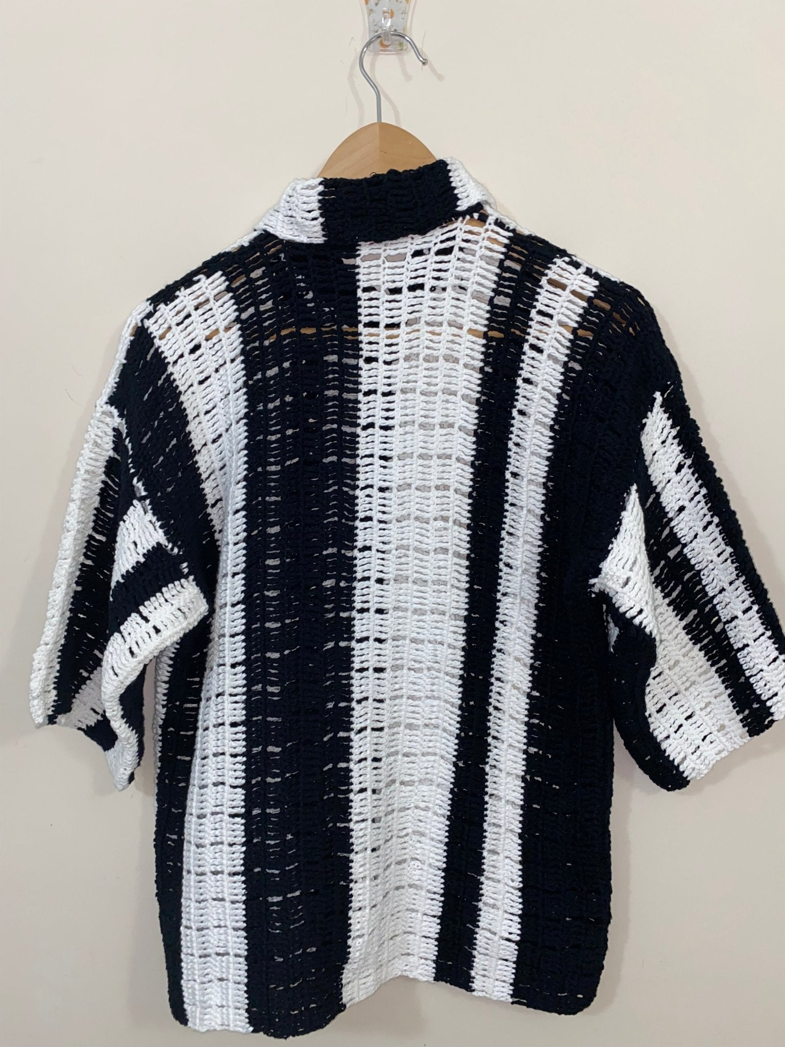 Short Sleeve Black and White Striped Crochet Shirt - Smyrna Collective