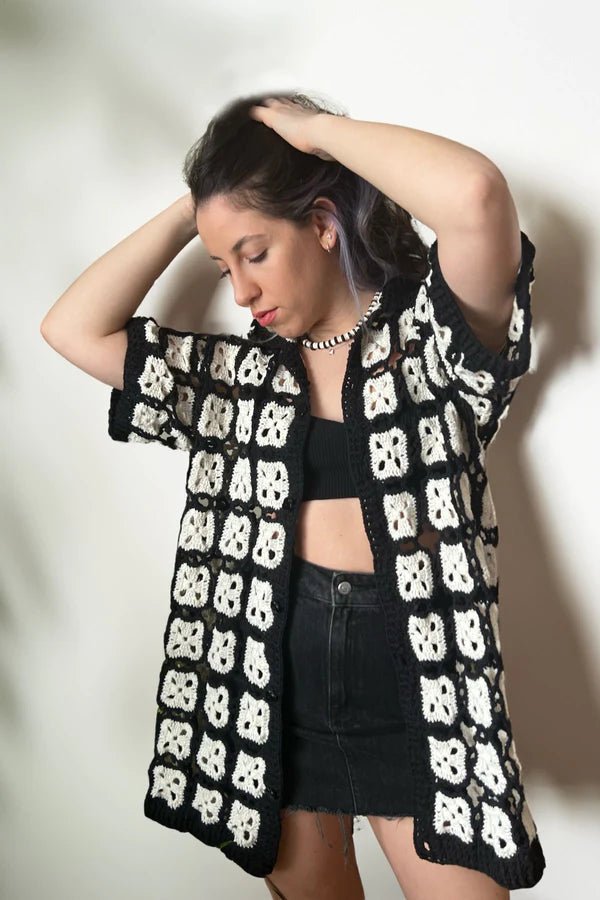 Stylish Black and White Crochet Shirt - Smyrna Collective