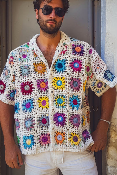 ◆RONRON◆ CROCHET SQUARE OVER FIT T SHIRT GREY Handmade Crochet Granny Square Shirt, Unisex Vintage