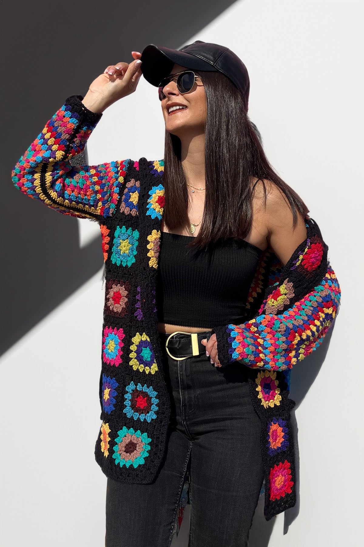 Black Granny Square Cardigan With Hoodie - Smyrna Collective