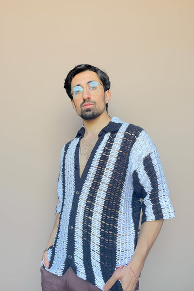 トップス STRIPE CROCHET SHIRT - BLACK Topman knitted crochet vertical stripe button through shirt