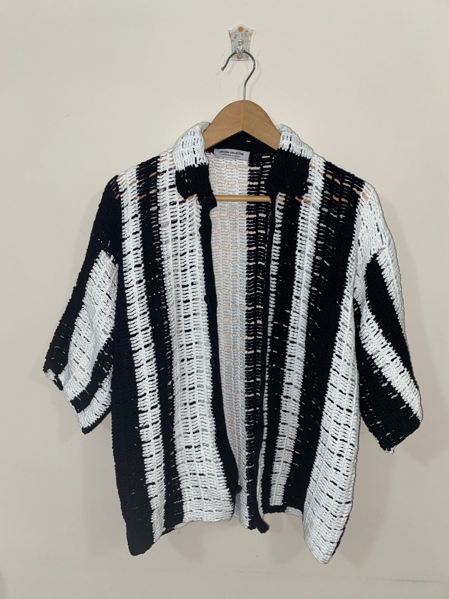 Short Sleeve Black and White Striped Crochet Shirt - Smyrna Collective